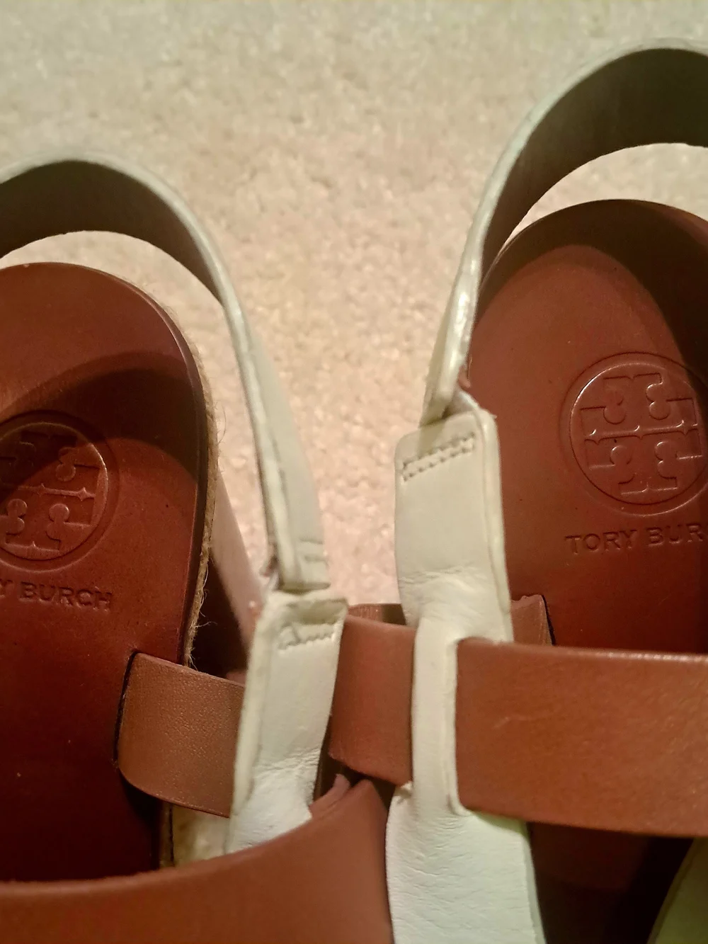 Tory Burch Two-Tone White and Brown Strappy Block Heel Sandal